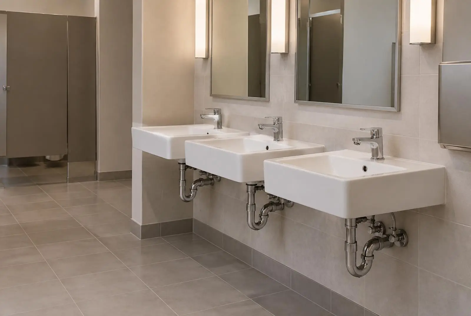 Clean commercial restroom with wall-mounted sinks and exposed chrome pipework