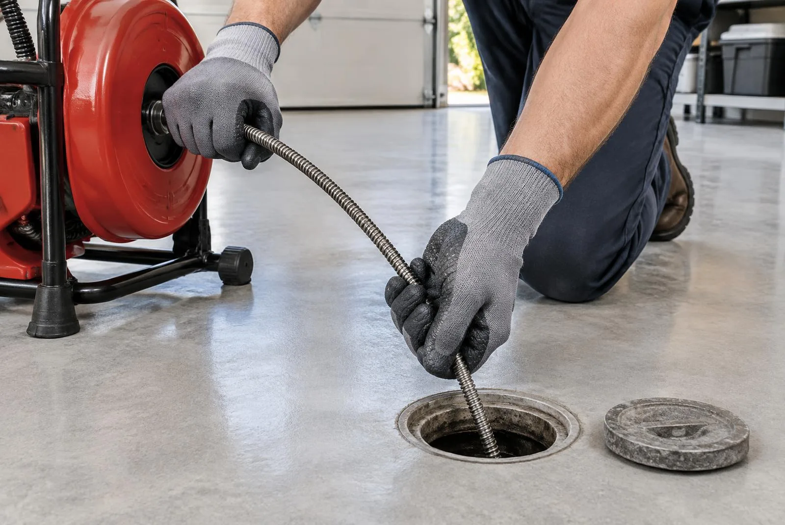 Drain cleaning machine feeding a cable into a floor drain cleanout