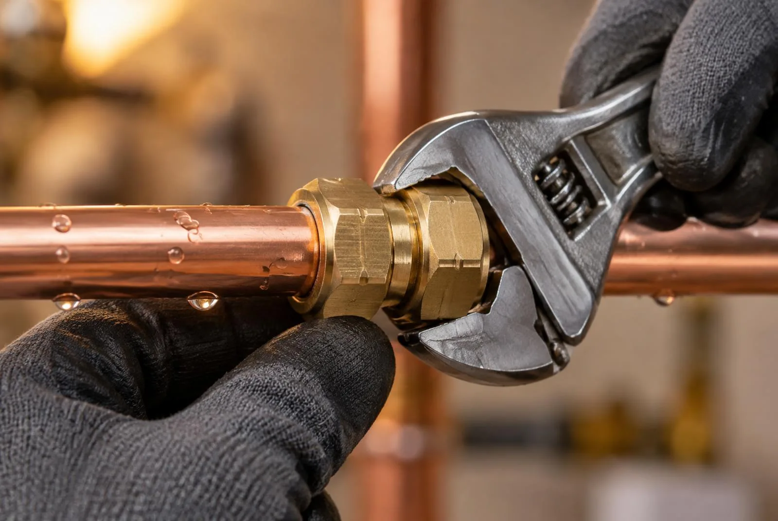 Close-up of a wrench tightening a wet copper pipe fitting with water droplets