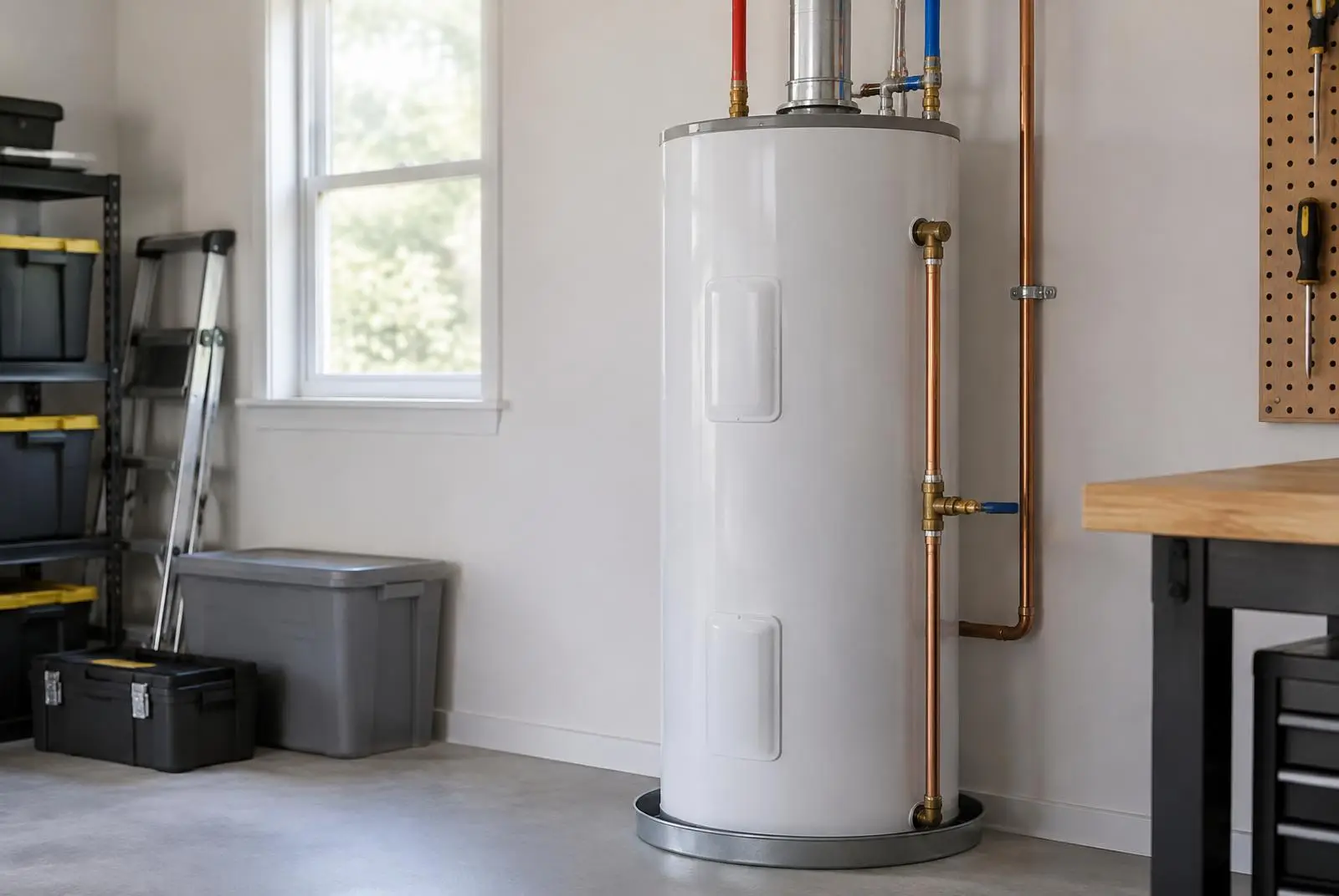 Newly installed tank water heater with copper supply lines in a tidy garage
